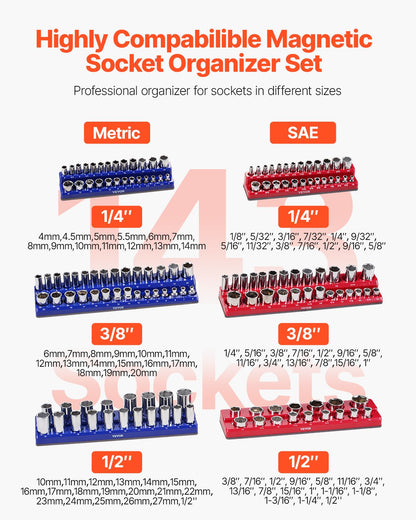 Magnetic Socket Organizer Set, 6PCS Socket Holder, 1/4'', 3/8'' & 1/2'' Metric SAE Socket Trays with Clear Labels, Hold up to 143PCS Standard & Deep Sockets, Blue & Red (Sockets Not Included) - Image 2
