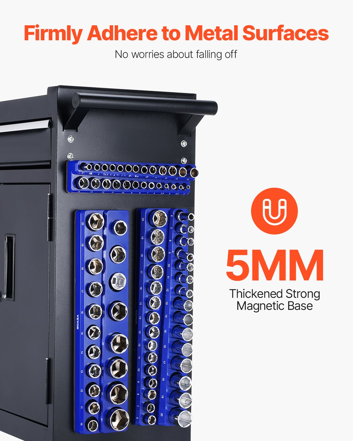 Magnetic Socket Organizer Set, 6PCS Socket Holder, 1/4'', 3/8'' & 1/2'' Metric SAE Socket Trays with Clear Labels, Hold up to 143PCS Standard & Deep Sockets, Blue & Red (Sockets Not Included) - Image 3