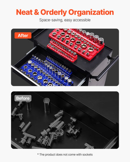 Magnetic Socket Organizer Set, 6PCS Socket Holder, 1/4'', 3/8'' & 1/2'' Metric SAE Socket Trays with Clear Labels, Hold up to 143PCS Standard & Deep Sockets, Blue & Red (Sockets Not Included) - Image 4