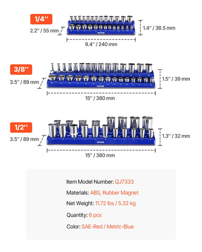 Magnetic Socket Organizer Set, 6PCS Socket Holder, 1/4'', 3/8'' & 1/2'' Metric SAE Socket Trays with Clear Labels, Hold up to 143PCS Standard & Deep Sockets, Blue & Red (Sockets Not Included) - Image 7