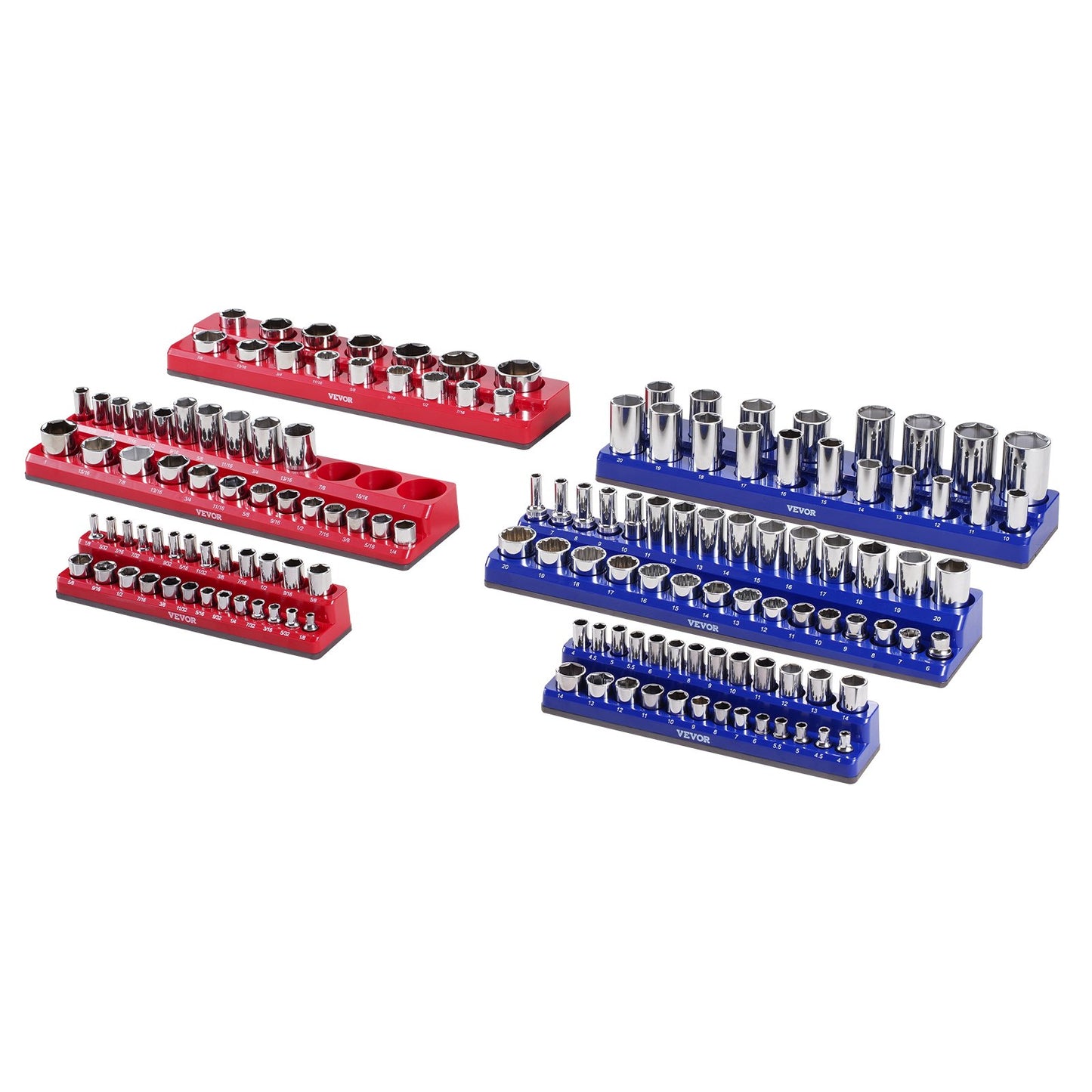 Magnetic Socket Organizer Set, 6PCS Socket Holder, 1/4'', 3/8'' & 1/2'' Metric SAE Socket Trays with Clear Labels, Hold up to 143PCS Standard & Deep Sockets, Blue & Red (Sockets Not Included) - Image 9