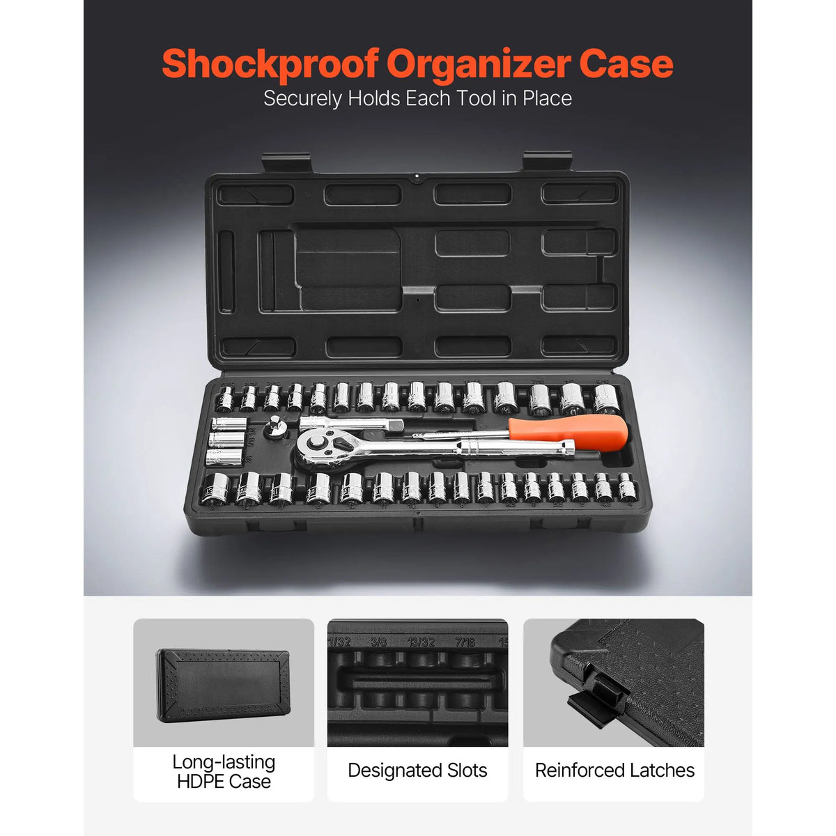 Socket Set, 39 Pieces, 9.5 & 6.4 mm Drive Socket and Ratchet Set, SAE and Metric Size, Mechanic Tool Kit with Ratchet Wrench, Accessories, Storage Case, CR-V Alloy Steel, for Automotive Repair - Image 5