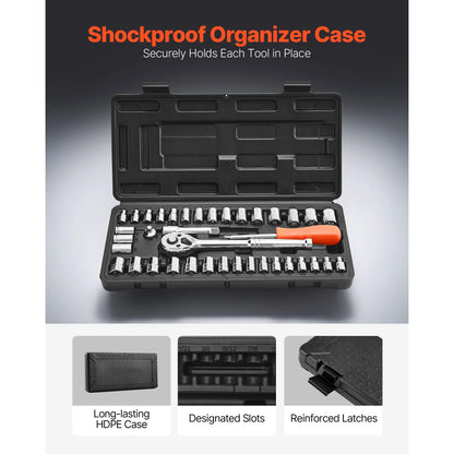 Socket Set, 39 Pieces, 9.5 & 6.4 mm Drive Socket and Ratchet Set, SAE and Metric Size, Mechanic Tool Kit with Ratchet Wrench, Accessories, Storage Case, CR-V Alloy Steel, for Automotive Repair - Image 5