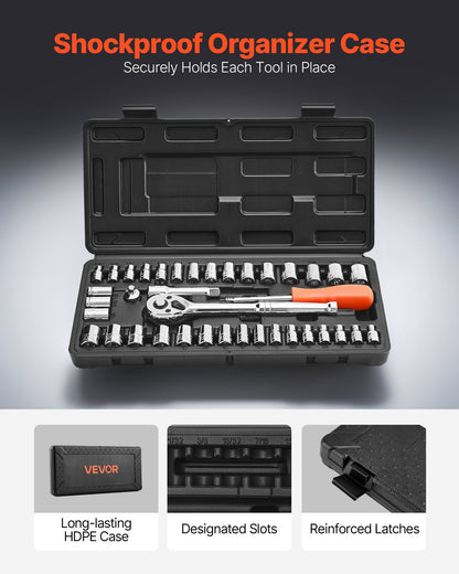 Socket Set, 39 Pieces, 9.5 & 6.4 mm Drive Socket and Ratchet Set, SAE and Metric Size, Mechanic Tool Kit with Ratchet Wrench, Accessories, Storage Case, CR-V Alloy Steel, for Automotive Repair - Image 5