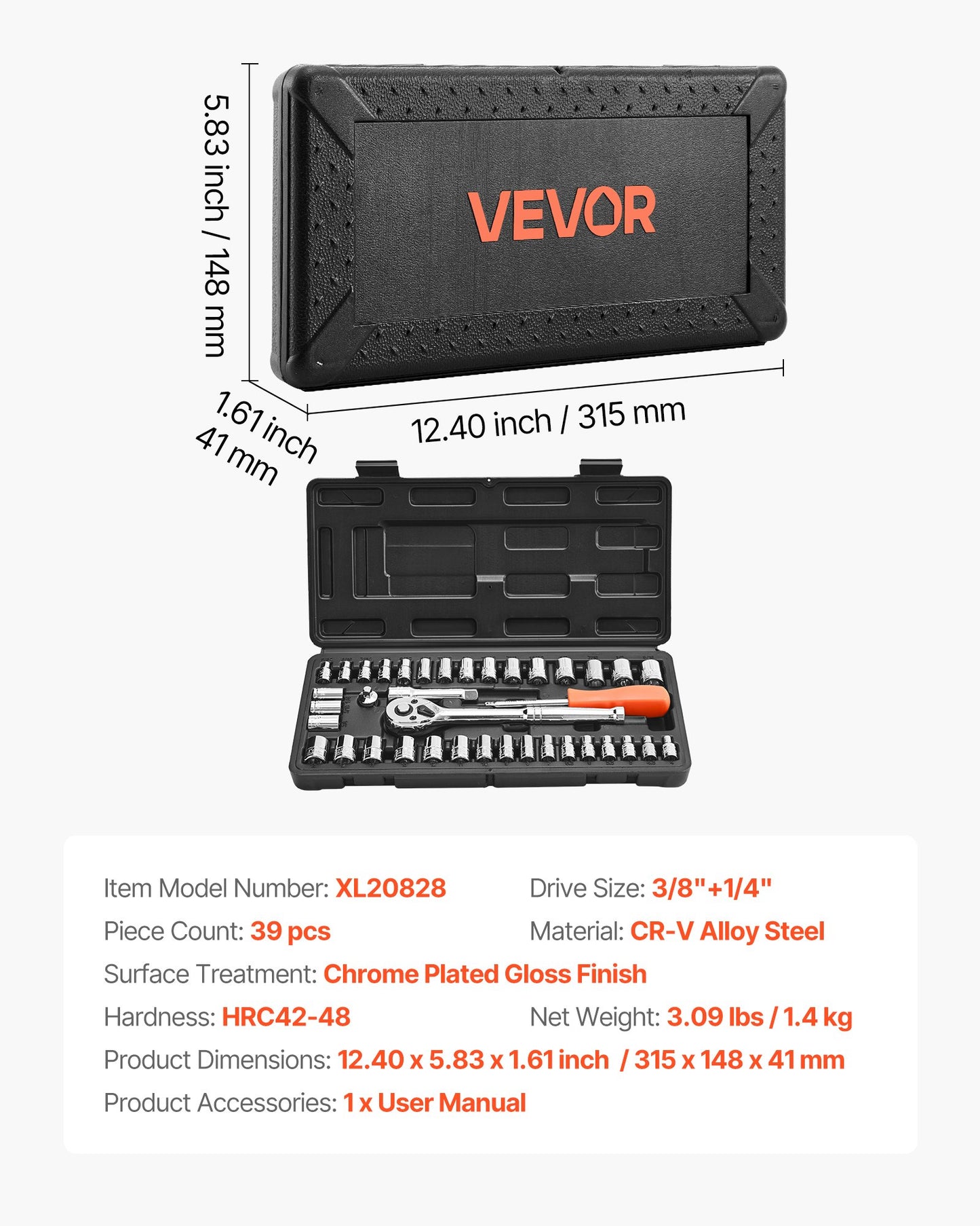 Socket Set, 39 Pieces, 9.5 & 6.4 mm Drive Socket and Ratchet Set, SAE and Metric Size, Mechanic Tool Kit with Ratchet Wrench, Accessories, Storage Case, CR-V Alloy Steel, for Automotive Repair - Image 7