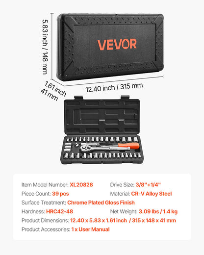 Socket Set, 39 Pieces, 9.5 & 6.4 mm Drive Socket and Ratchet Set, SAE and Metric Size, Mechanic Tool Kit with Ratchet Wrench, Accessories, Storage Case, CR-V Alloy Steel, for Automotive Repair - Image 7