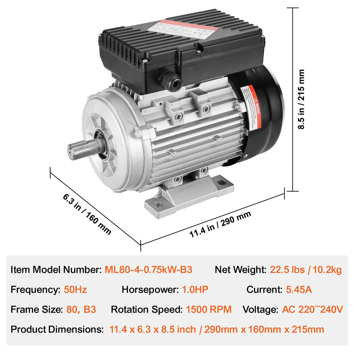 0.75KW Electric Motor 1400 rpm, AC 220~240V 5.45A, 80, B3 Frame, Air Compressor Motor Single Phase, 19mm Keyed Shaft, CW/CCW Rotation for Agricultural Machinery and General Equipment - Image 7