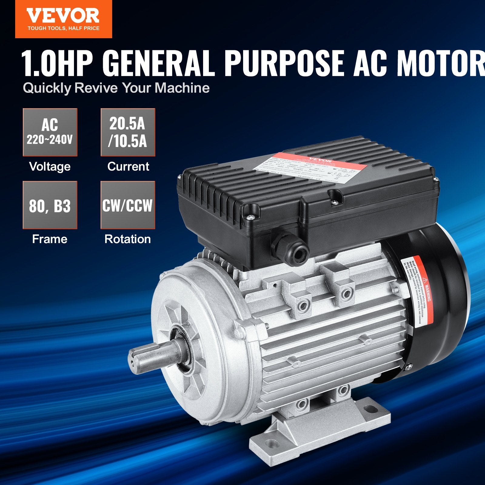 0.75KW Electric Motor 1400 rpm, AC 220~240V 5.45A, 80, B3 Frame, Air Compressor Motor Single Phase, 19mm Keyed Shaft, CW/CCW Rotation for Agricultural Machinery and General Equipment - Image 2