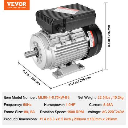 0.75KW Electric Motor 1400 rpm, AC 220~240V 5.45A, 80, B3 Frame, Air Compressor Motor Single Phase, 19mm Keyed Shaft, CW/CCW Rotation for Agricultural Machinery and General Equipment - Image 7