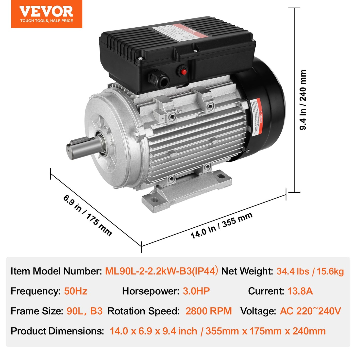 2.2KW Electric Motor 2800 rpm, AC 220~240V 13.8A, 90L, B3 Frame, Air Compressor Motor Single Phase, 24mm Keyed Shaft, CW/CCW Rotation for Agricultural Machinery and General Equipment - Image 7