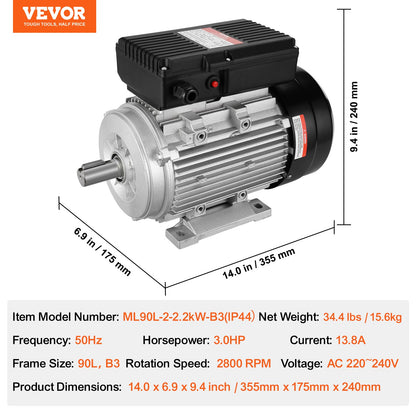 2.2KW Electric Motor 2800 rpm, AC 220~240V 13.8A, 90L, B3 Frame, Air Compressor Motor Single Phase, 24mm Keyed Shaft, CW/CCW Rotation for Agricultural Machinery and General Equipment - Image 7