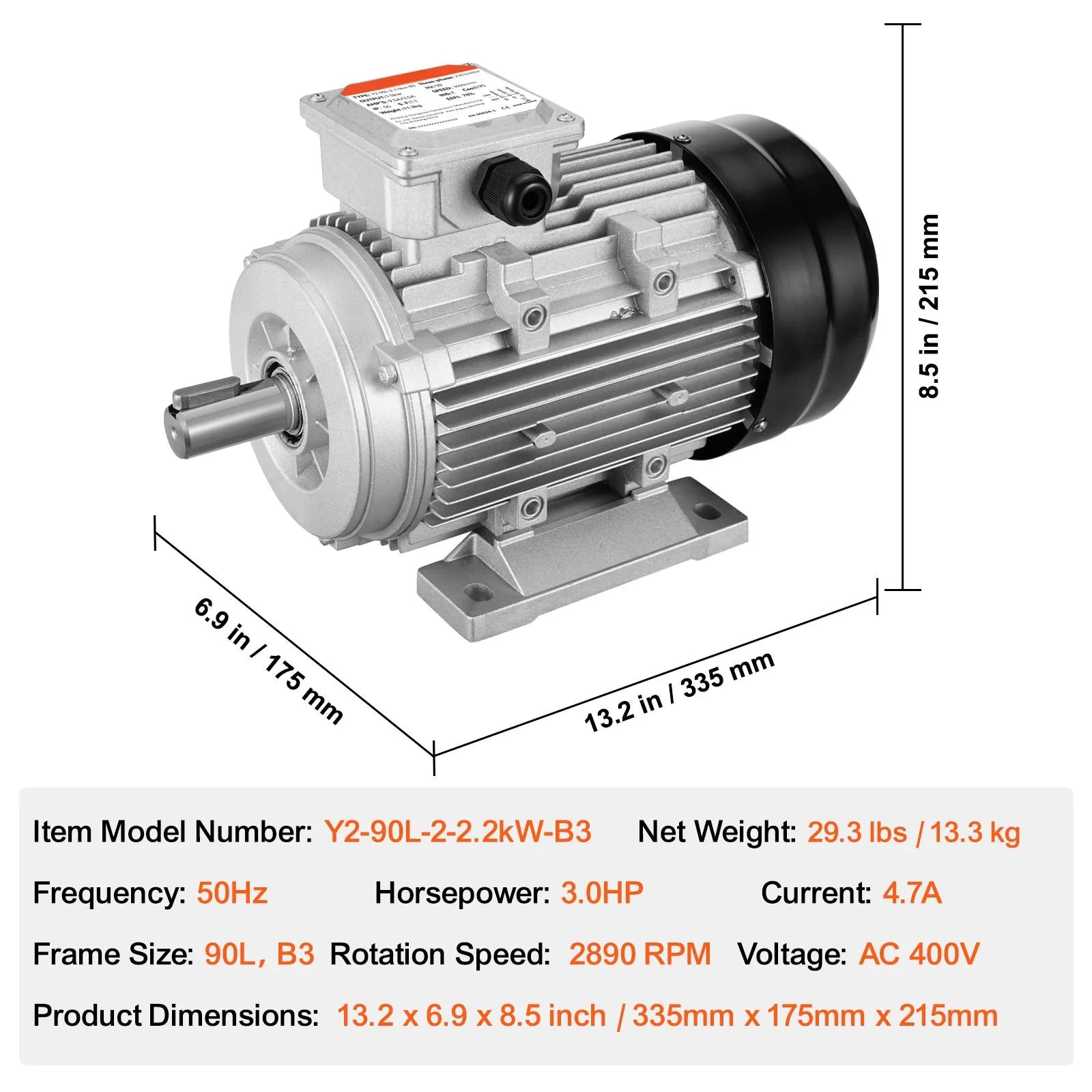 2.2KW Electric Motor 2890 rpm, AC 400V 4.7A, 90L, B3 Frame, Air Compressor Motor 3-Phase, 24mm Keyed Shaft, CW/CCW Rotation for Agricultural Machinery and General Equipment - Image 7