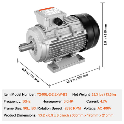 2.2KW Electric Motor 2890 rpm, AC 400V 4.7A, 90L, B3 Frame, Air Compressor Motor 3-Phase, 24mm Keyed Shaft, CW/CCW Rotation for Agricultural Machinery and General Equipment - Image 7