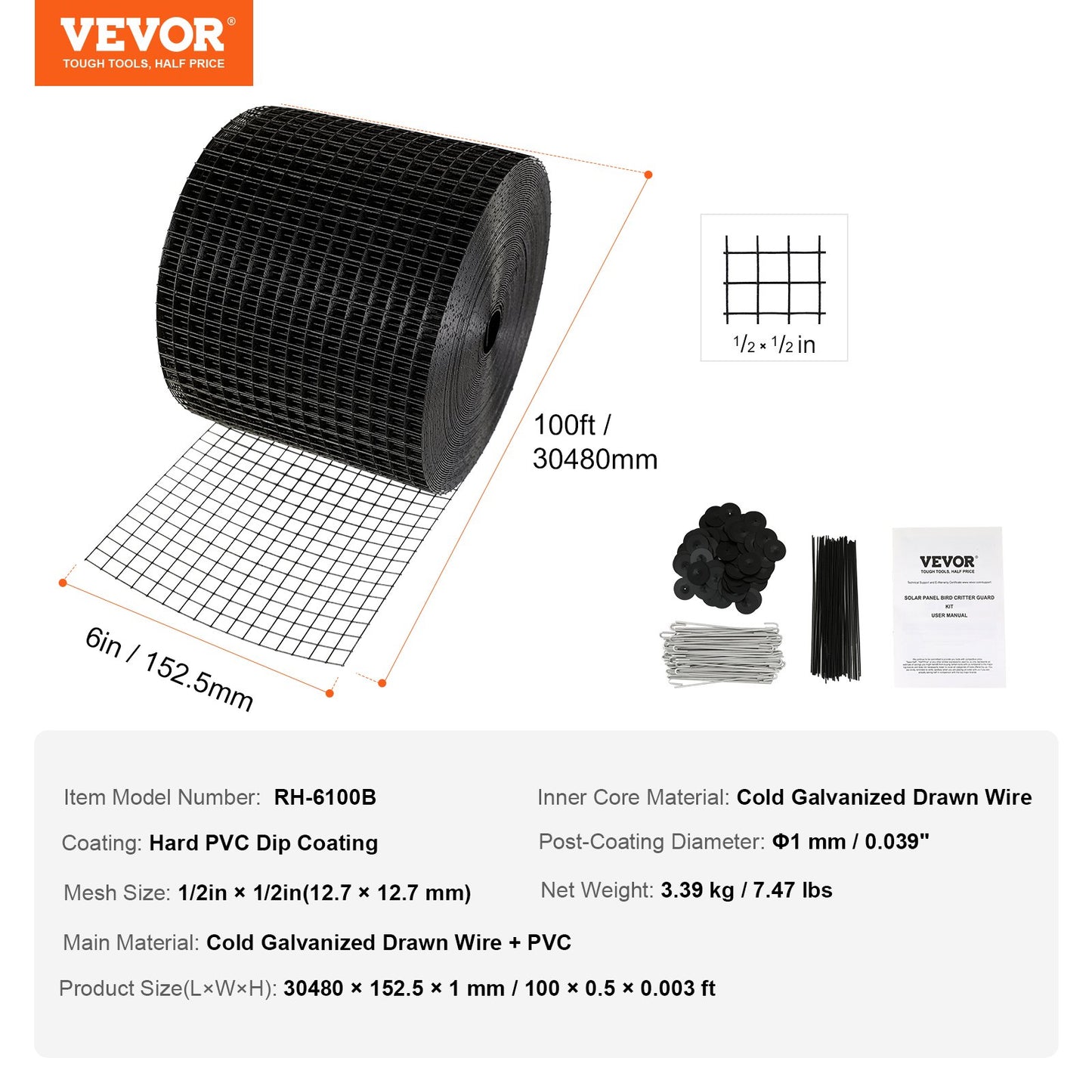 6in x 100ft Solar Panel Bird Guard Critter Guard Roll Kit 100pcs Fasteners - Image 7