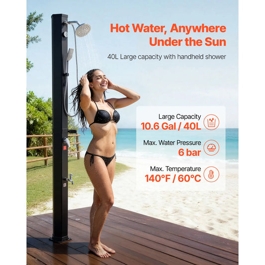 40L Solar Heated Shower, 205cm Showerhead Height Outdoor Shower, with Handheld & Foot Faucet, Hot & Cold Water Adjustment, Freestanding for Backyard Poolside Beach Pool, Black - Image 2