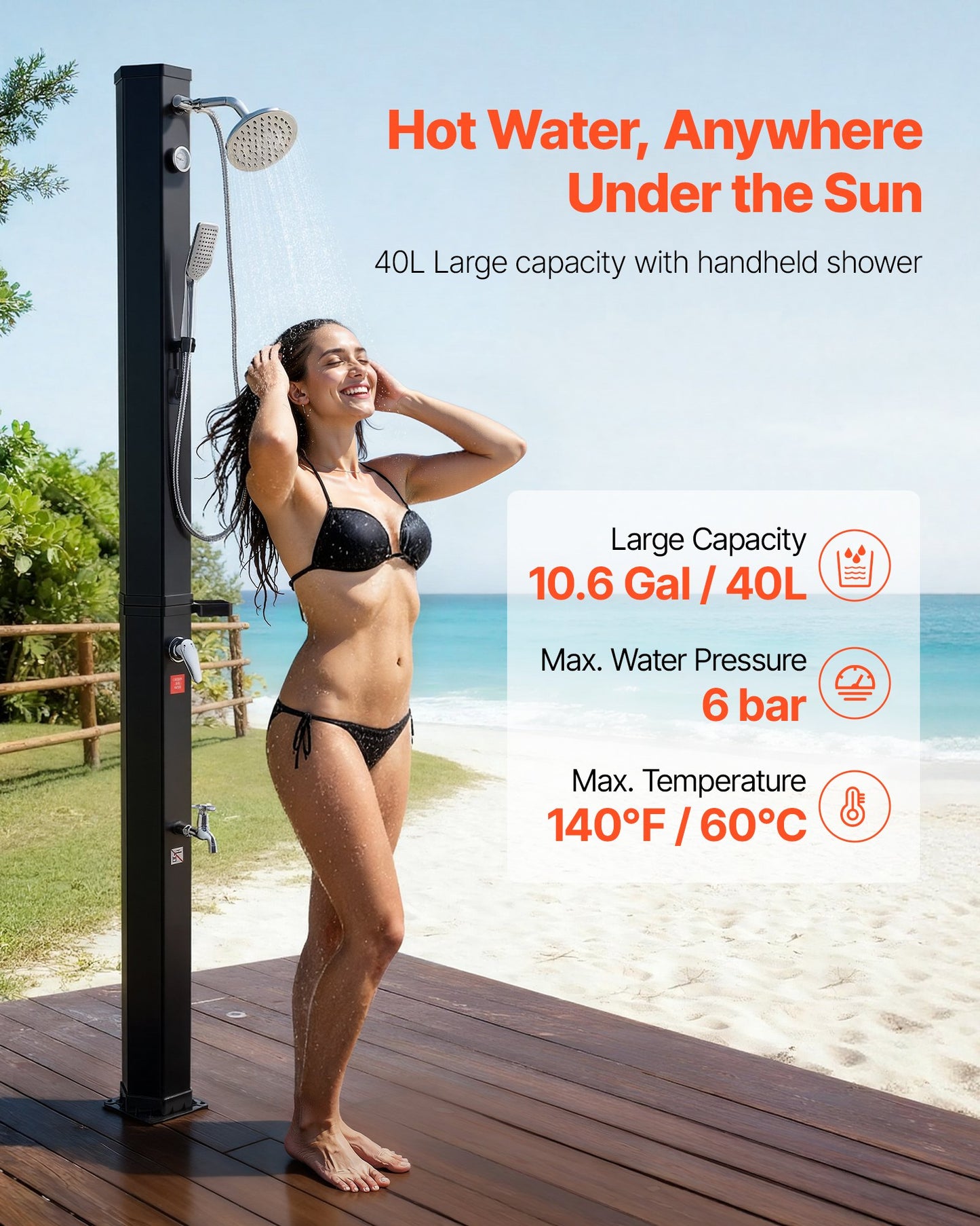 40L Solar Heated Shower, 205cm Showerhead Height Outdoor Shower, with Handheld & Foot Faucet, Hot & Cold Water Adjustment, Freestanding for Backyard Poolside Beach Pool, Black - Image 2