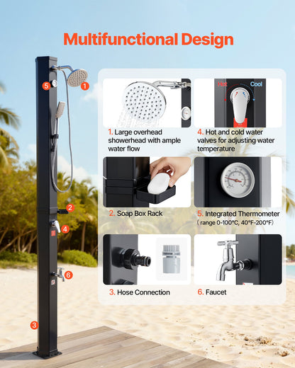 40L Solar Heated Shower, 205cm Showerhead Height Outdoor Shower, with Handheld & Foot Faucet, Hot & Cold Water Adjustment, Freestanding for Backyard Poolside Beach Pool, Black - Image 3