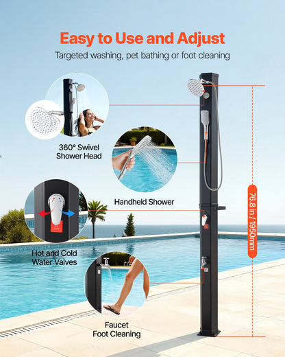 40L Solar Heated Shower, 205cm Showerhead Height Outdoor Shower, with Handheld & Foot Faucet, Hot & Cold Water Adjustment, Freestanding for Backyard Poolside Beach Pool, Black - Image 4