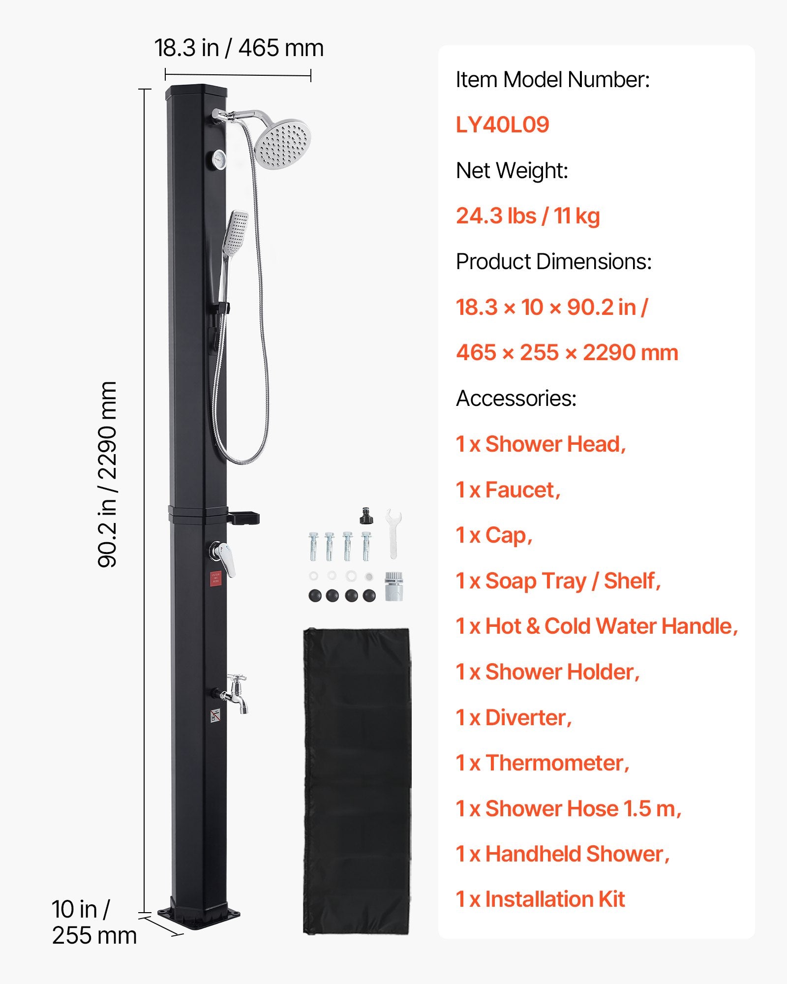 40L Solar Heated Shower, 205cm Showerhead Height Outdoor Shower, with Handheld & Foot Faucet, Hot & Cold Water Adjustment, Freestanding for Backyard Poolside Beach Pool, Black - Image 7