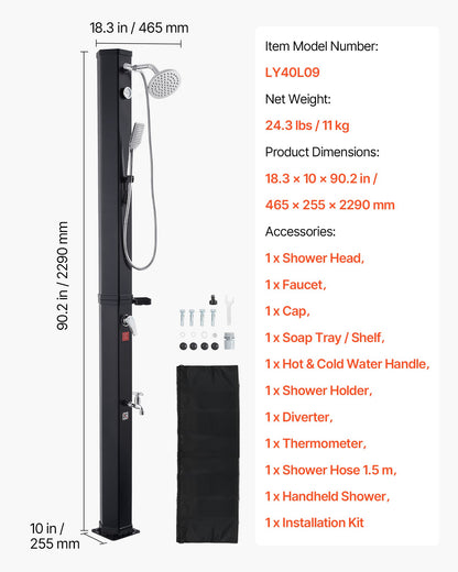 40L Solar Heated Shower, 205cm Showerhead Height Outdoor Shower, with Handheld & Foot Faucet, Hot & Cold Water Adjustment, Freestanding for Backyard Poolside Beach Pool, Black - Image 7