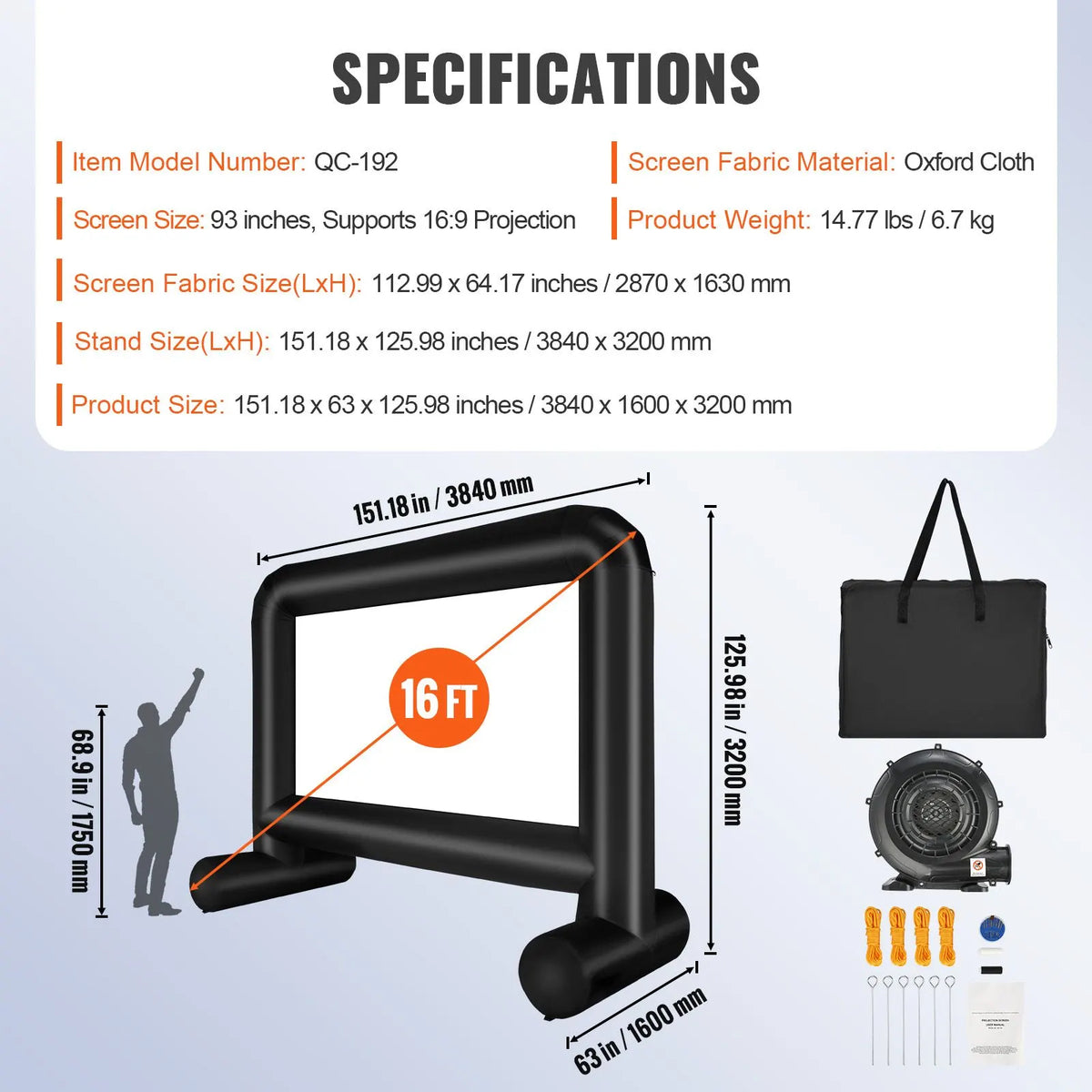 Inflatable Movie Screen, 16 FT Inflatable Projector Screen for Outside with Blower and Carrying Bag, Front/Rear Projection, Oxford Fabric Blow Up Screen for Outdoor Parties Backyard Movie Night - Image 7