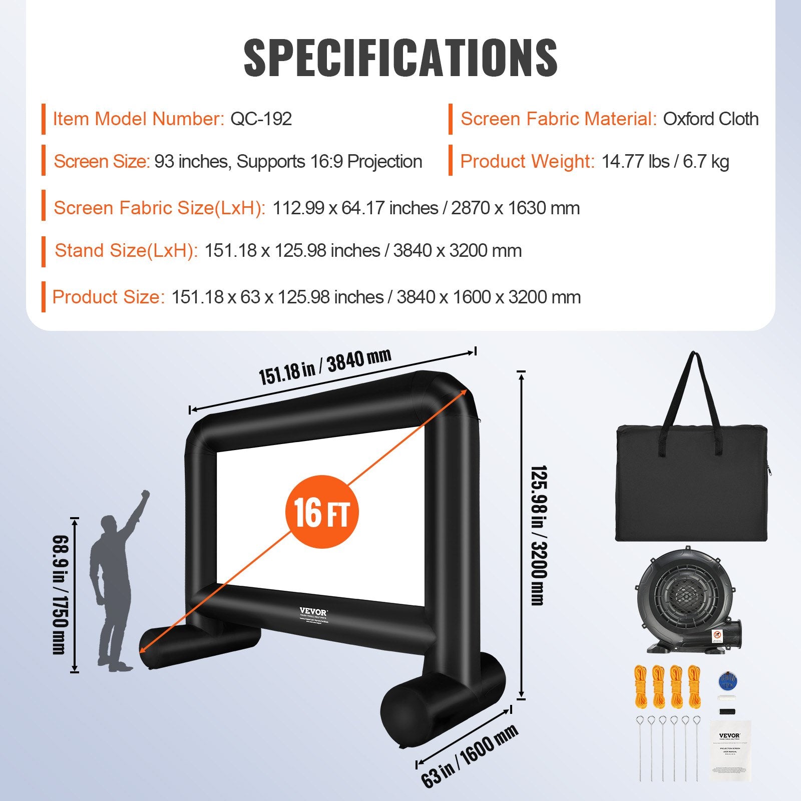 Inflatable Movie Screen, 16 FT Inflatable Projector Screen for Outside with Blower and Carrying Bag, Front/Rear Projection, Oxford Fabric Blow Up Screen for Outdoor Parties Backyard Movie Night - Image 7