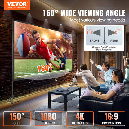 Projector Screen with Stand, 150 inch 16:9 4K 1080 HD Outdoor Movie Screen with Stand, Wrinkle-Free Projection Screen with Tripods and Carry Bag, for Home Theater Cinema Backyard Movie Night - Image 2