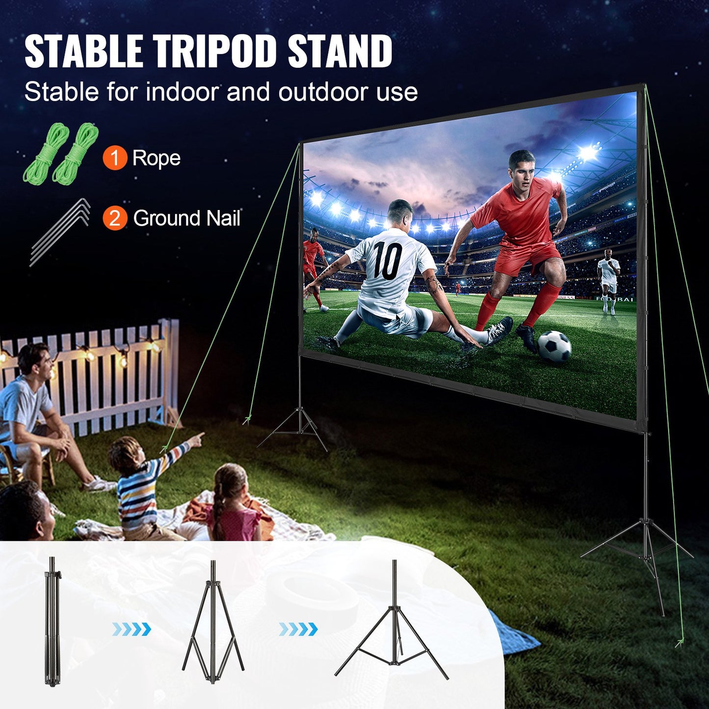 Projector Screen with Stand, 150 inch 16:9 4K 1080 HD Outdoor Movie Screen with Stand, Wrinkle-Free Projection Screen with Tripods and Carry Bag, for Home Theater Cinema Backyard Movie Night - Image 4