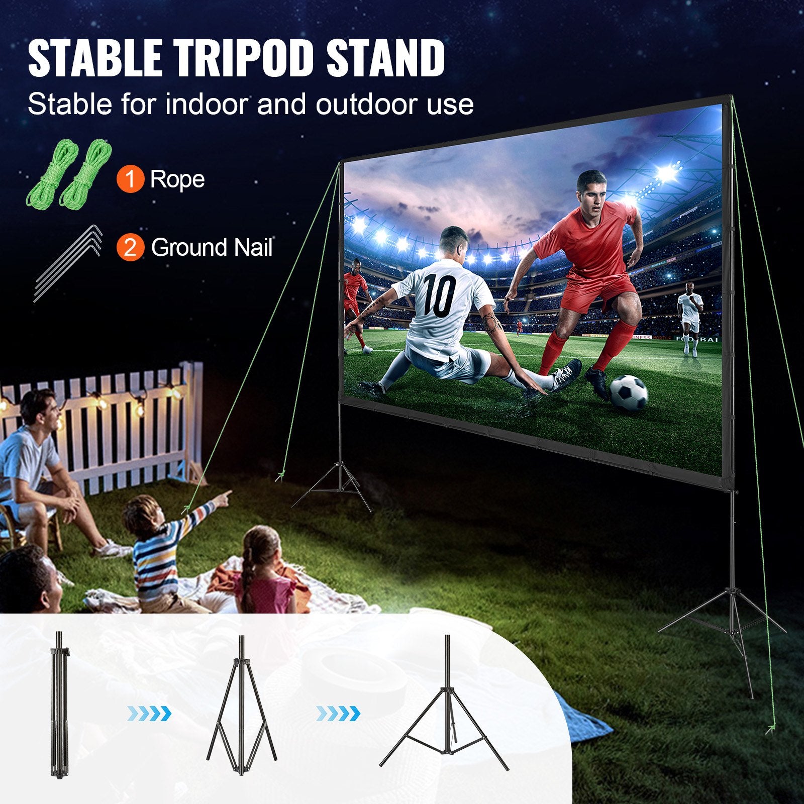 Projector Screen with Stand, 150 inch 16:9 4K 1080 HD Outdoor Movie Screen with Stand, Wrinkle-Free Projection Screen with Tripods and Carry Bag, for Home Theater Cinema Backyard Movie Night - Image 4