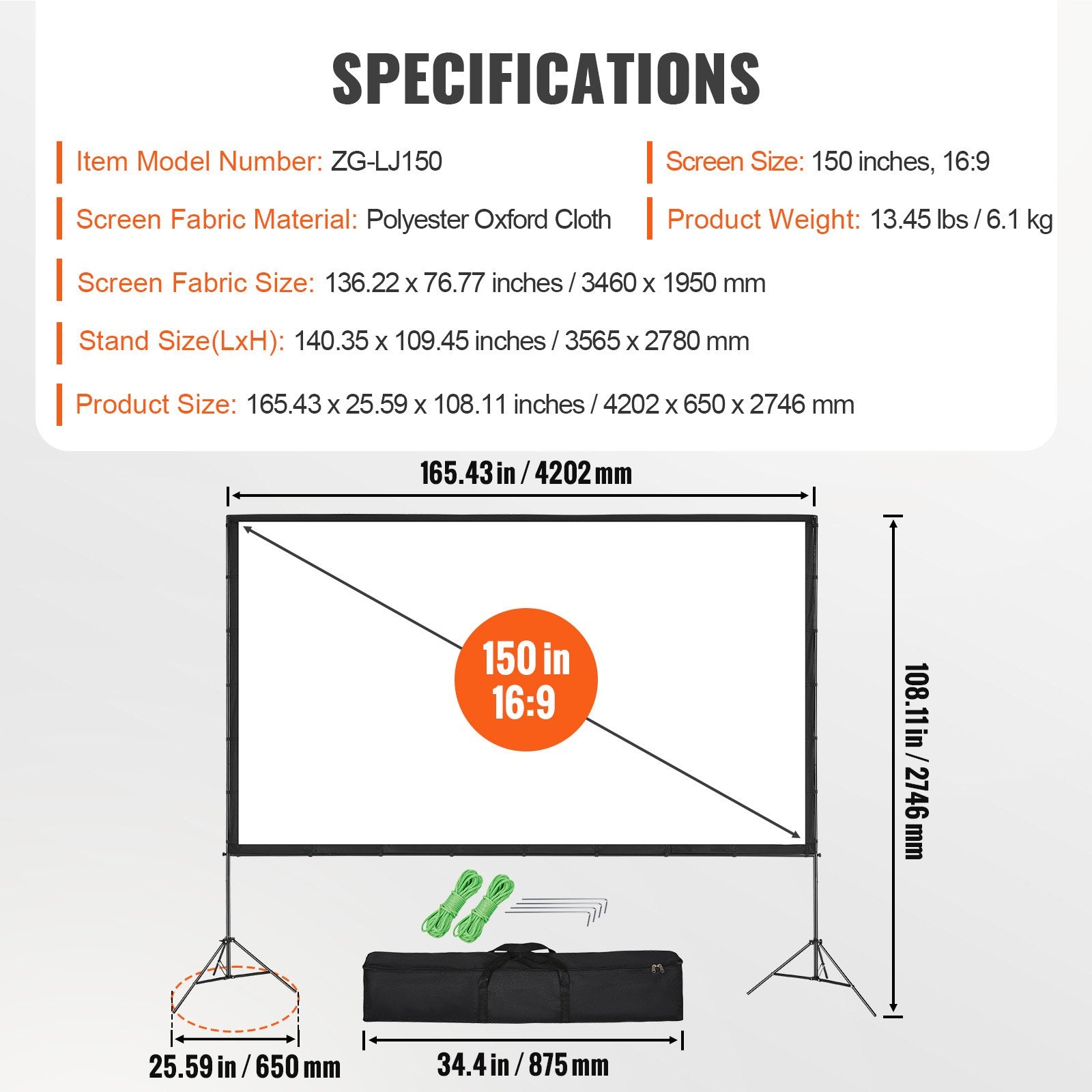 Projector Screen with Stand, 150 inch 16:9 4K 1080 HD Outdoor Movie Screen with Stand, Wrinkle-Free Projection Screen with Tripods and Carry Bag, for Home Theater Cinema Backyard Movie Night - Image 7