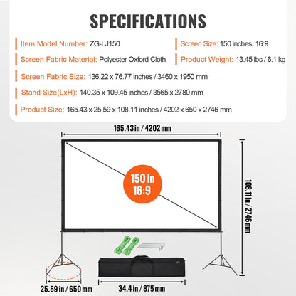 Projector Screen with Stand, 150 inch 16:9 4K 1080 HD Outdoor Movie Screen with Stand, Wrinkle-Free Projection Screen with Tripods and Carry Bag, for Home Theater Cinema Backyard Movie Night - Image 7