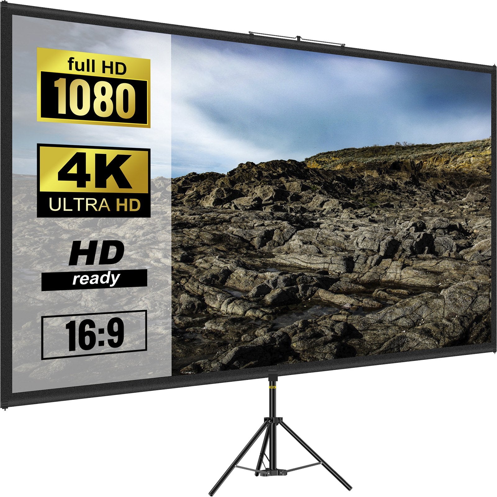 Tripod Projector Screen with Stand 80 inch 16:9 4K HD Projection Screen Stand Wrinkle-Free Height Adjustable Portable Screen for Projector Indoor & Outdoor for Movie, Home Cinema, Gaming, Office