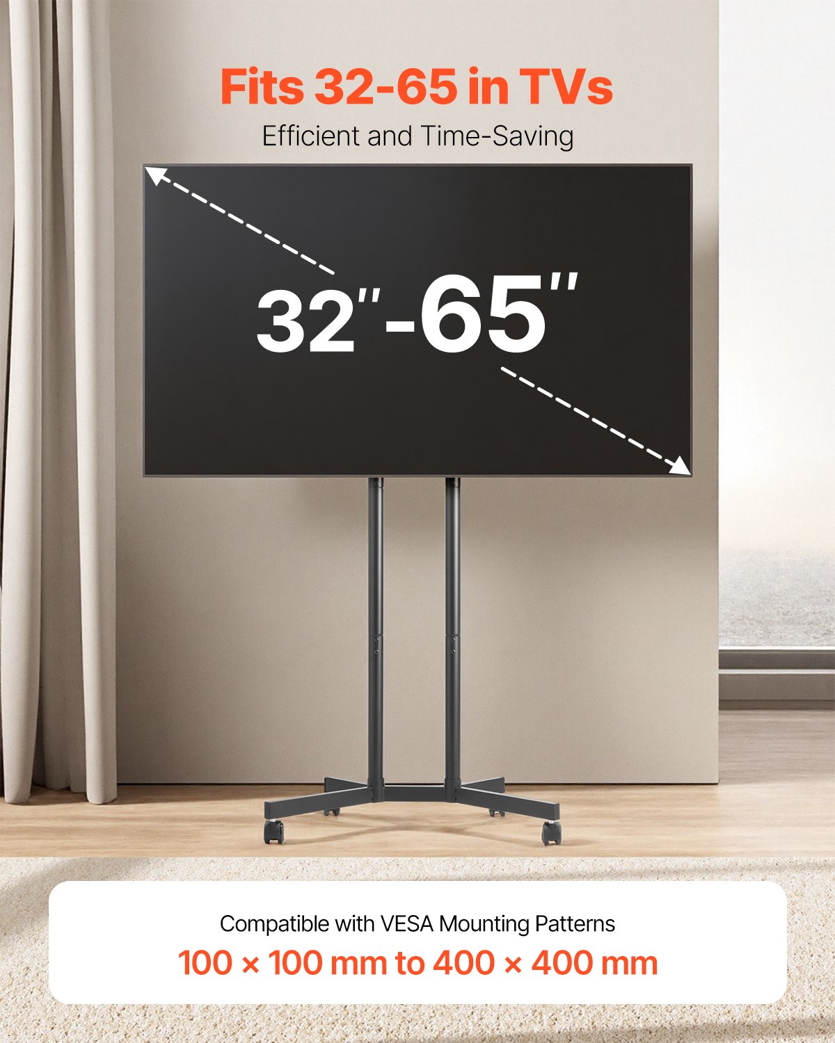 Rolling TV Stand, Mobile TV Cart for 32-65 Inch Screens, Height Adjustable, Portable Monitor Stand with Wheels Holds up to 40 kg for Living Room, Bedroom, Office, Outdoor, Max VESA 400x400mm - Image 2