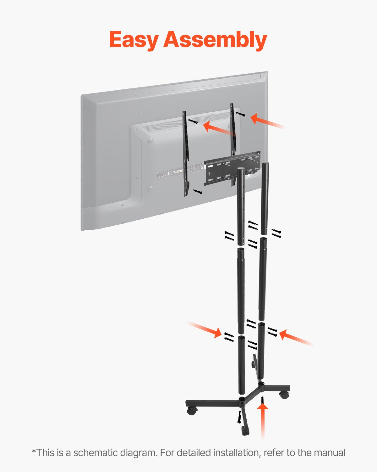 Rolling TV Stand, Mobile TV Cart for 32-65 Inch Screens, Height Adjustable, Portable Monitor Stand with Wheels Holds up to 40 kg for Living Room, Bedroom, Office, Outdoor, Max VESA 400x400mm - Image 6