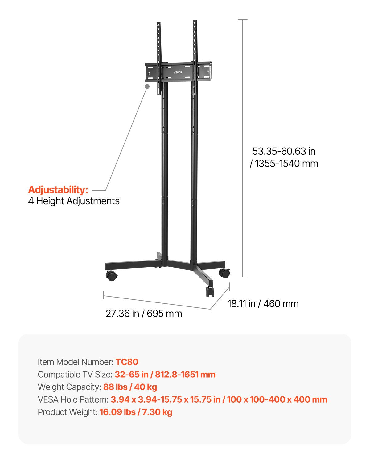 Rolling TV Stand, Mobile TV Cart for 32-65 Inch Screens, Height Adjustable, Portable Monitor Stand with Wheels Holds up to 40 kg for Living Room, Bedroom, Office, Outdoor, Max VESA 400x400mm - Image 7