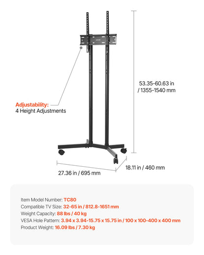 Rolling TV Stand, Mobile TV Cart for 32-65 Inch Screens, Height Adjustable, Portable Monitor Stand with Wheels Holds up to 40 kg for Living Room, Bedroom, Office, Outdoor, Max VESA 400x400mm - Image 7
