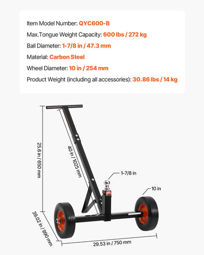 Trailer Dolly, 600lbs Tongue Weight Capacity, Carbon Steel Trailer Mover with 1-7/8 in Hitch Ball and 10 in Solid Tires, Portable Tow Dolly for Moving Car RV Boat Trailer - Image 7