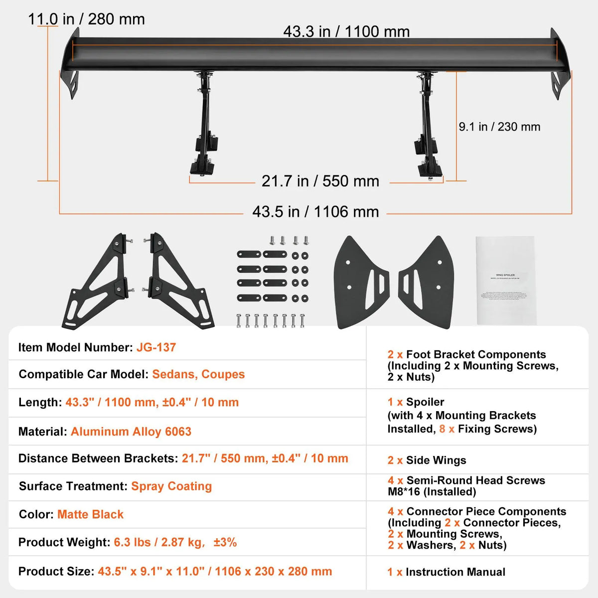 Universal Rear Spoiler GT Style Adjustable Trunk Wing Car Racing 43.3'' - Image 7