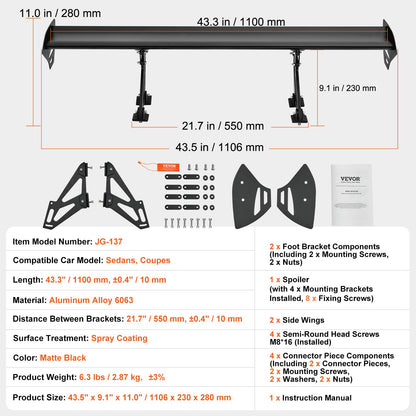 Universal Rear Spoiler GT Style Adjustable Trunk Wing Car Racing 43.3'' - Image 7