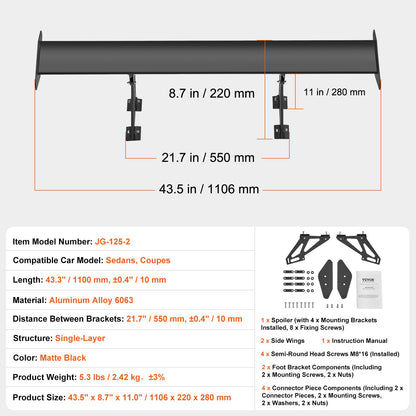 GT Wing Car Spoiler, 43.3 inch Universal Spoiler with Single Deck, Adjustable Lightweight Aluminum, Car Rear Spoiler Wing, Racing Spoiler BGW/JDM Drift Black - Image 7