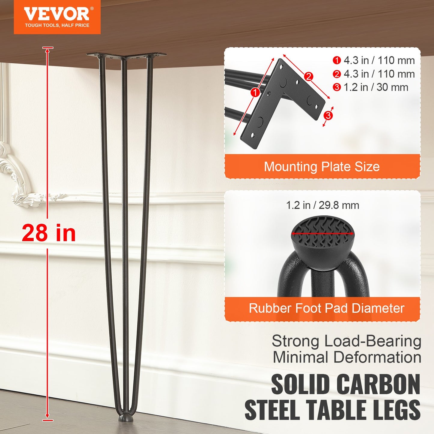 Hairpin Table Legs 0.7M, Set of 4 Desk Legs 408.2KG Load Capacity, Hairpin Desk Legs 3 Rods for Desk Chairs Bench Dining End Table, Solid Carbon Steel Heavy Duty Furniture Legs Black - Image 2