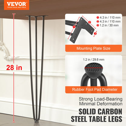 Hairpin Table Legs 0.7M, Set of 4 Desk Legs 408.2KG Load Capacity, Hairpin Desk Legs 3 Rods for Desk Chairs Bench Dining End Table, Solid Carbon Steel Heavy Duty Furniture Legs Black - Image 2