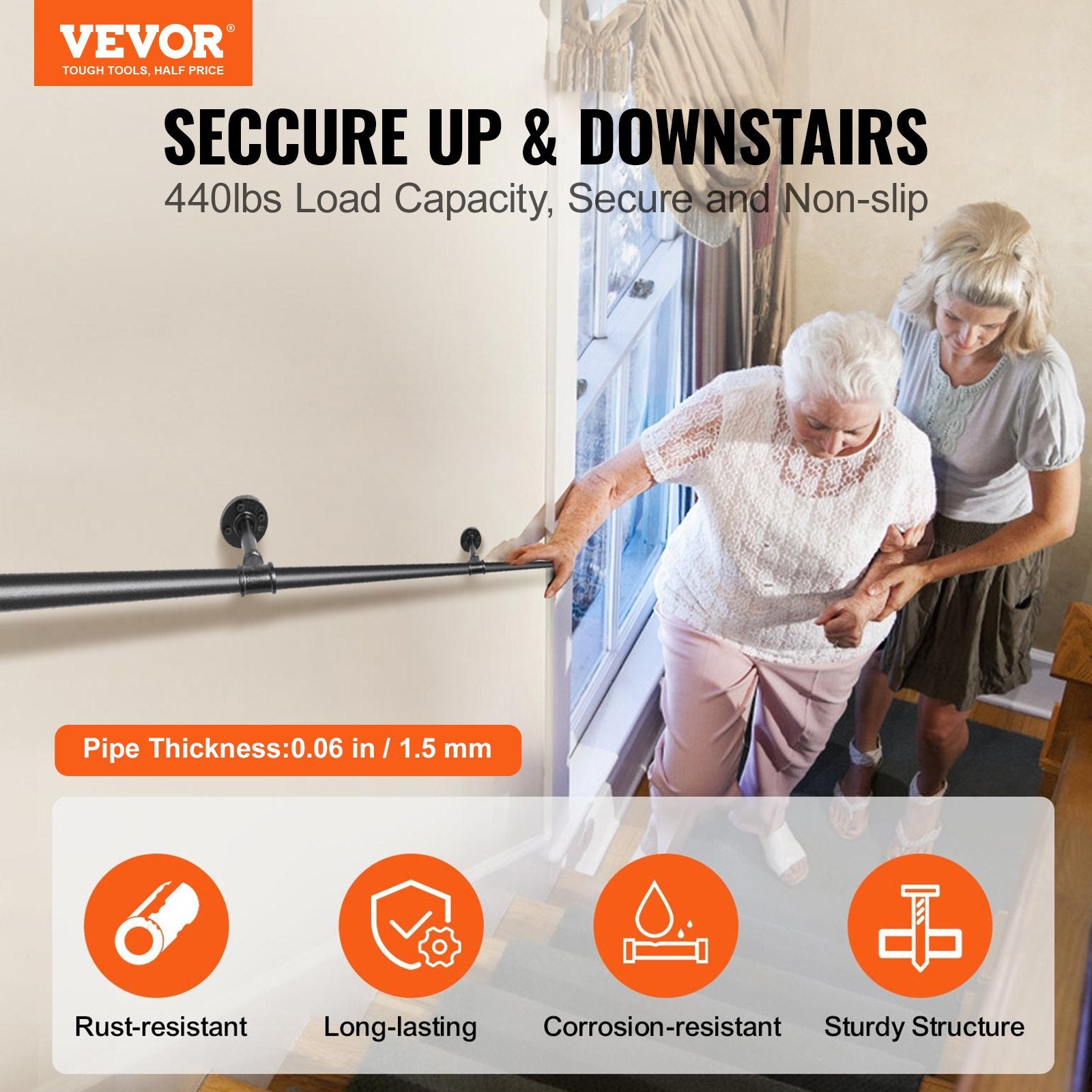 Pipe Stair Handrail, 11FT Staircase Handrail, 440LBS Load Capacity Carbon Steel Pipe Handrail, Industrial Pipe Handrail with Wall Mount Support, Round Corner Wall Handrailing for Indoor, Outdoor - Image 2