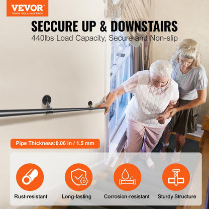 Pipe Stair Handrail, 11FT Staircase Handrail, 440LBS Load Capacity Carbon Steel Pipe Handrail, Industrial Pipe Handrail with Wall Mount Support, Round Corner Wall Handrailing for Indoor, Outdoor - Image 2