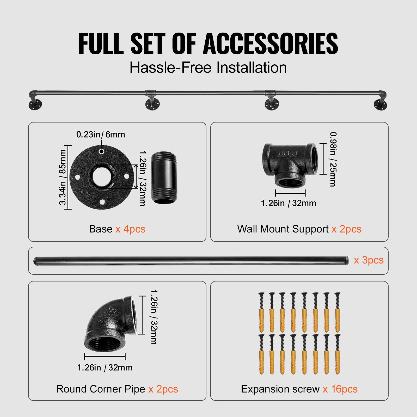 Pipe Stair Handrail, 11FT Staircase Handrail, 440LBS Load Capacity Carbon Steel Pipe Handrail, Industrial Pipe Handrail with Wall Mount Support, Round Corner Wall Handrailing for Indoor, Outdoor - Image 3