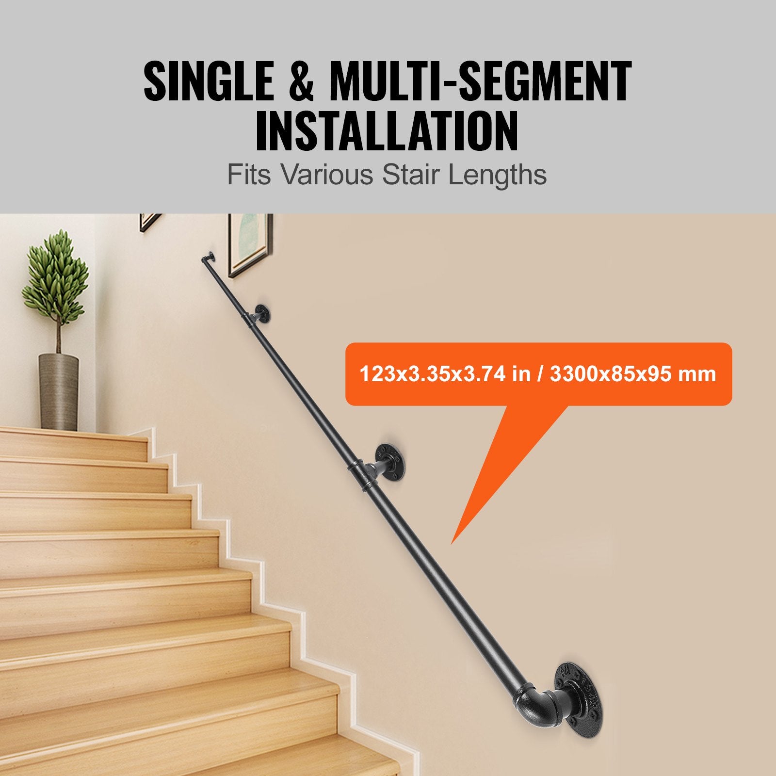 Pipe Stair Handrail, 11FT Staircase Handrail, 440LBS Load Capacity Carbon Steel Pipe Handrail, Industrial Pipe Handrail with Wall Mount Support, Round Corner Wall Handrailing for Indoor, Outdoor - Image 4