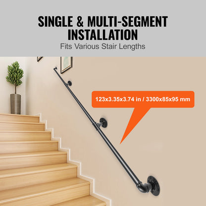 Pipe Stair Handrail, 11FT Staircase Handrail, 440LBS Load Capacity Carbon Steel Pipe Handrail, Industrial Pipe Handrail with Wall Mount Support, Round Corner Wall Handrailing for Indoor, Outdoor - Image 4
