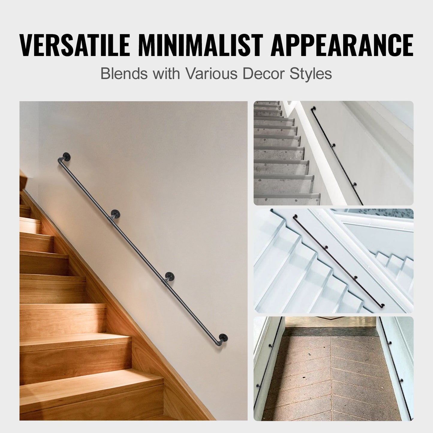 Pipe Stair Handrail, 11FT Staircase Handrail, 440LBS Load Capacity Carbon Steel Pipe Handrail, Industrial Pipe Handrail with Wall Mount Support, Round Corner Wall Handrailing for Indoor, Outdoor - Image 6