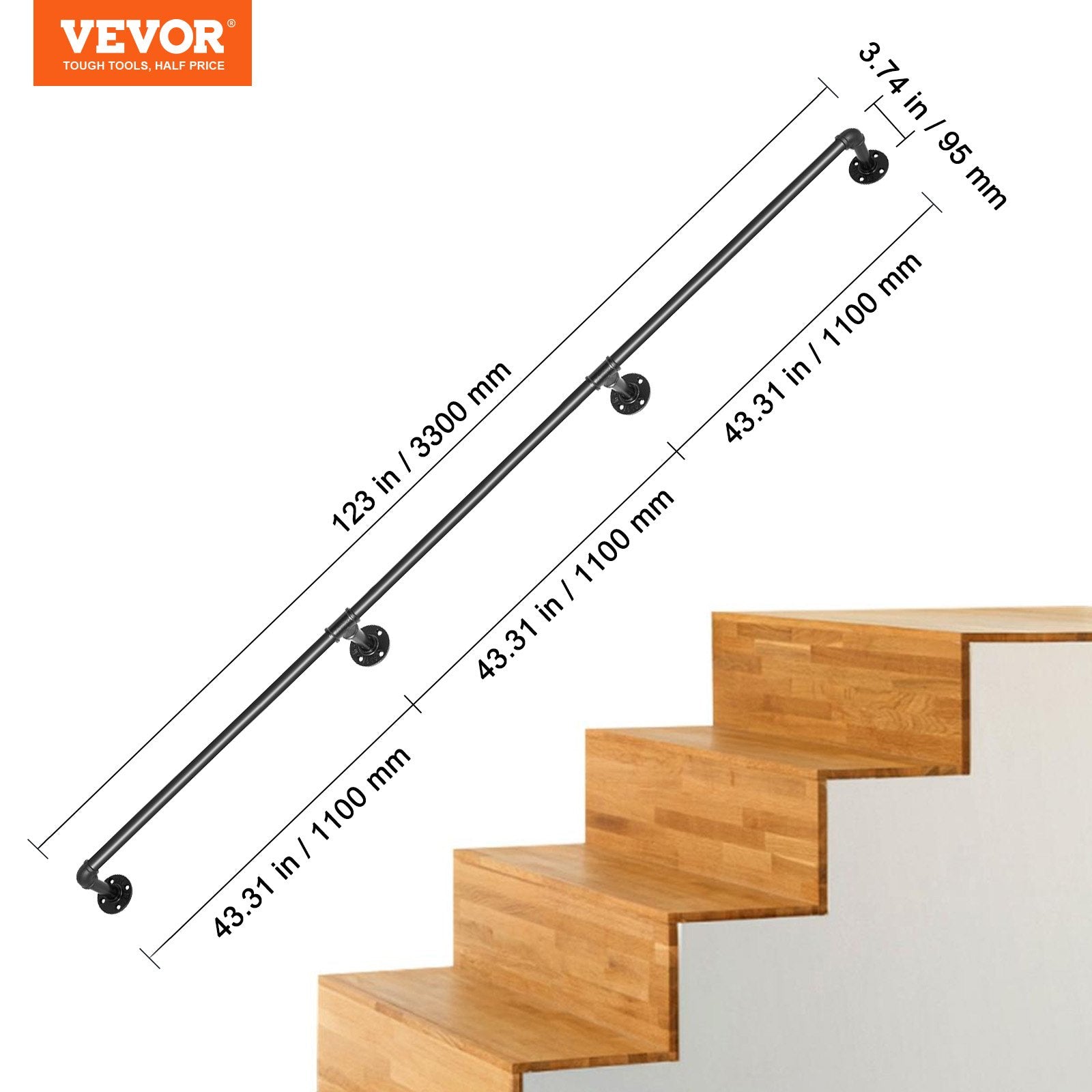 Pipe Stair Handrail, 11FT Staircase Handrail, 440LBS Load Capacity Carbon Steel Pipe Handrail, Industrial Pipe Handrail with Wall Mount Support, Round Corner Wall Handrailing for Indoor, Outdoor - Image 7