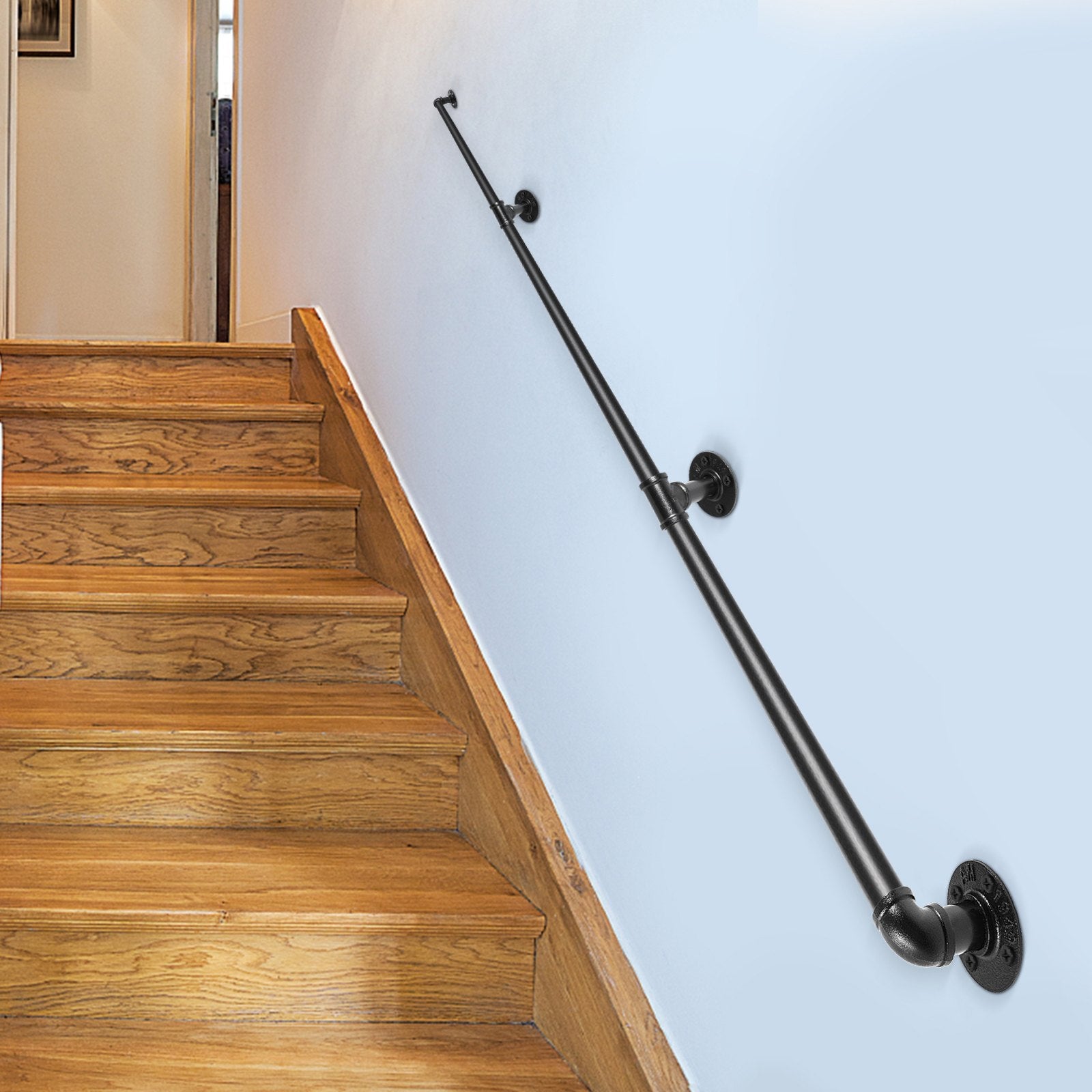 Pipe Stair Handrail, 11FT Staircase Handrail, 440LBS Load Capacity Carbon Steel Pipe Handrail, Industrial Pipe Handrail with Wall Mount Support, Round Corner Wall Handrailing for Indoor, Outdoor - Image 8